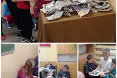 kolaż z czterech zdjęć, na których uczniowie rozwijają papierowe bomby i odczytują ukryte w nich pytania.