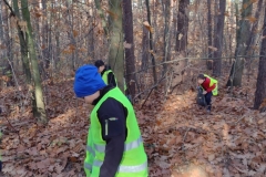 Dzieci w odblaskowych kamizelkach sprzątają las.