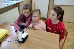 Trzy dziewczynki obserwują preparat pod mikroskopem